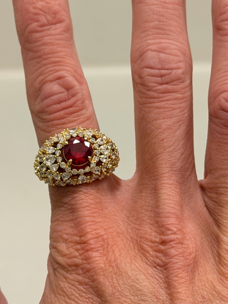 Bomb Party Nwot! Gold Ring With Ruby Center And Diamond Halo